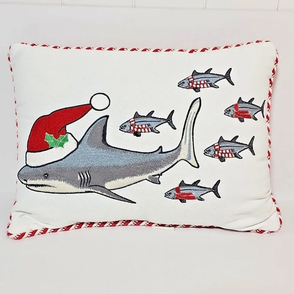 Pier 1 Imports Decorative Christmas Pillow Sharkmas Santa Shark Embroidered Fish